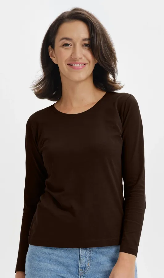 Damen T-Shirt mit langen Ärmeln, Kaffee Damen T-Shirt mit langen Ärmeln, Kaffee