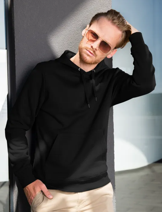 Herren Sweatshirt mit Kapuze ohne Reißverschluss, schwarz