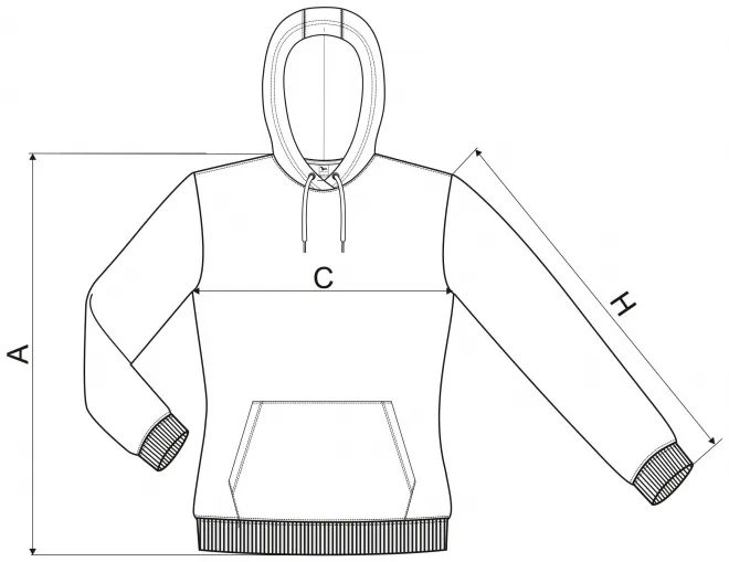 Damen Sweatshirt mit Kapuze ohne Reißverschluss - Maßtabelle