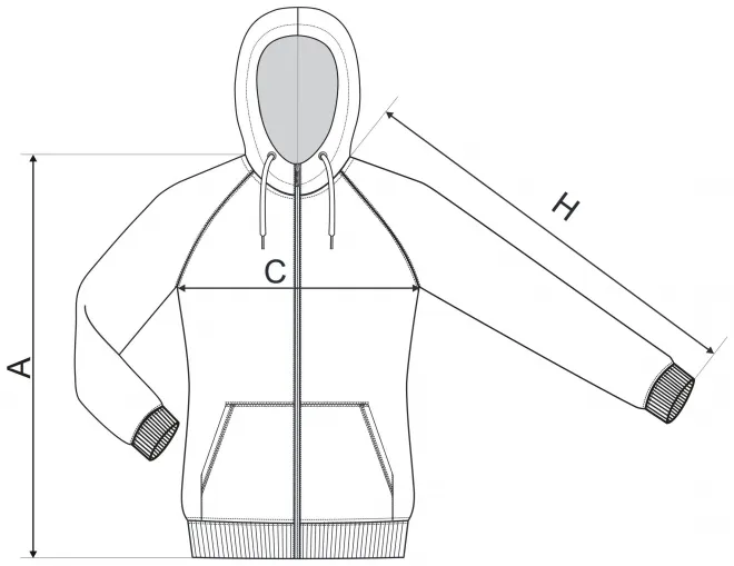 Kontrastfarbenes Damen-Sweatshirt mit Kapuze - Maßtabelle