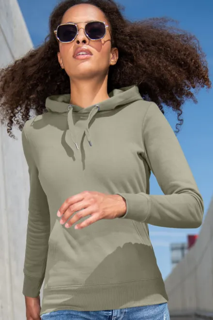 Damen Sweatshirt mit Kapuze ohne Reißverschluss, helles Khaki