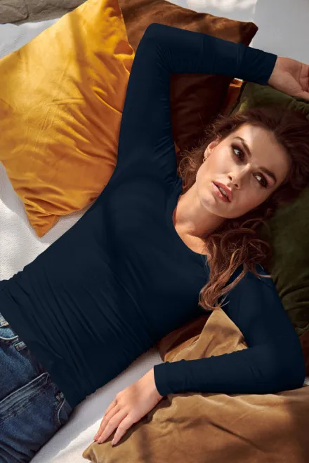 Damen T-Shirt mit langen Ärmeln und tiefem Ausschnitt, dunkelblau